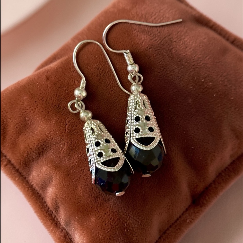 Possible Sterling-Style Silver and Black Faceted Drop Earrings